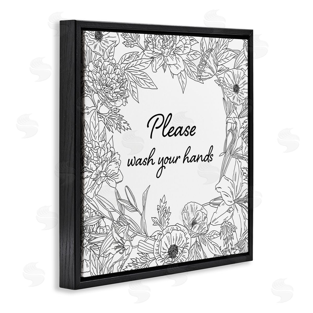 Ziwei Li Wash Your Hands Bathroom Sign Spring Floral Border Black Floating Frame Canvas Wall Art Print