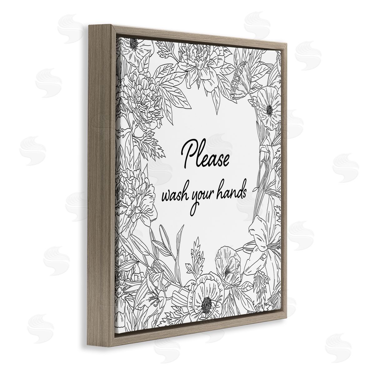 Ziwei Li Wash Your Hands Bathroom Sign Spring Floral Border Brown Floating Frame Canvas Wall Art Print