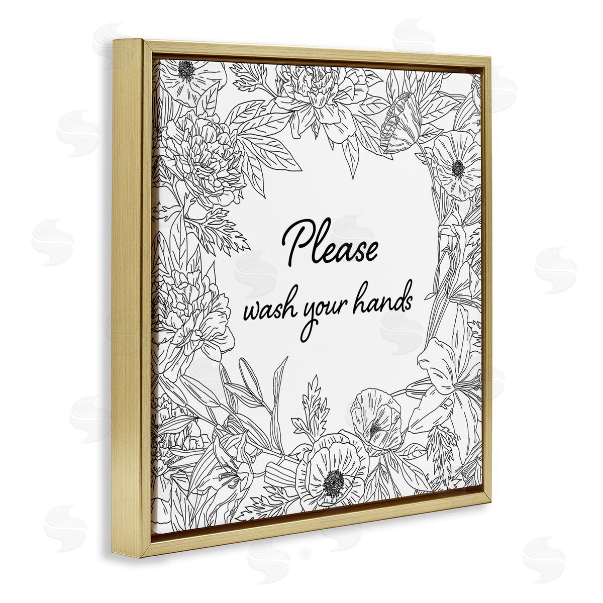 Ziwei Li Wash Your Hands Bathroom Sign Spring Floral Border Gold Floating Frame Canvas Wall Art Print