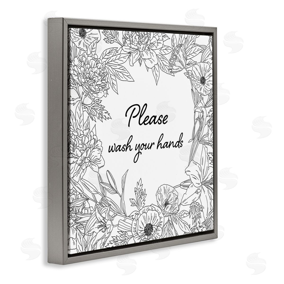 Ziwei Li Wash Your Hands Bathroom Sign Spring Floral Border Gray Floating Frame Canvas Wall Art Print