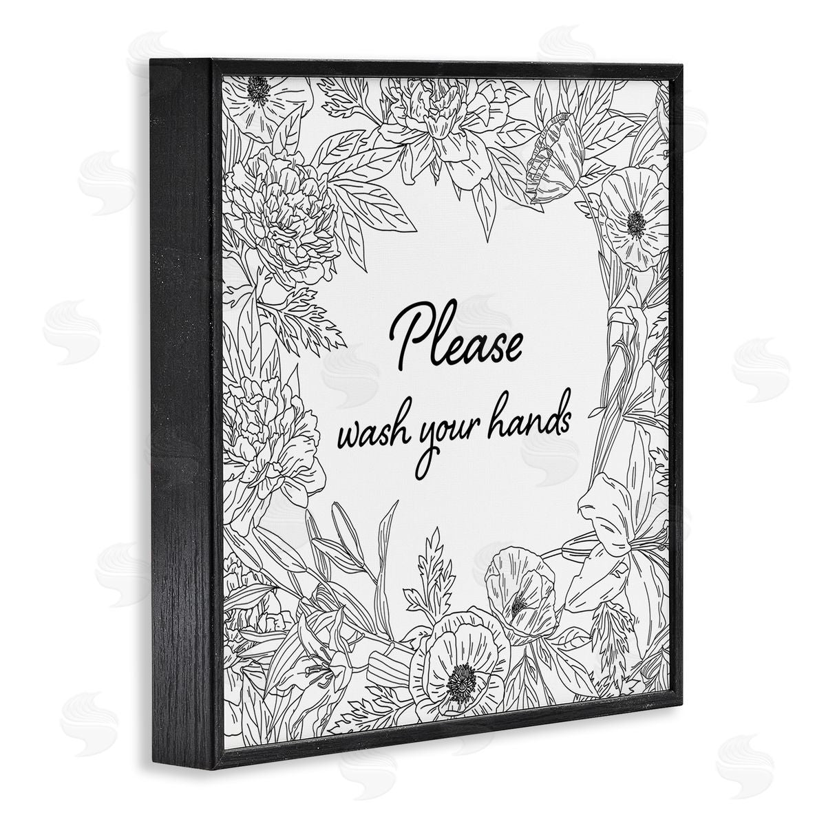 Ziwei Li Wash Your Hands Bathroom Sign Spring Floral Border Black Framed Glicee Wall Art Print