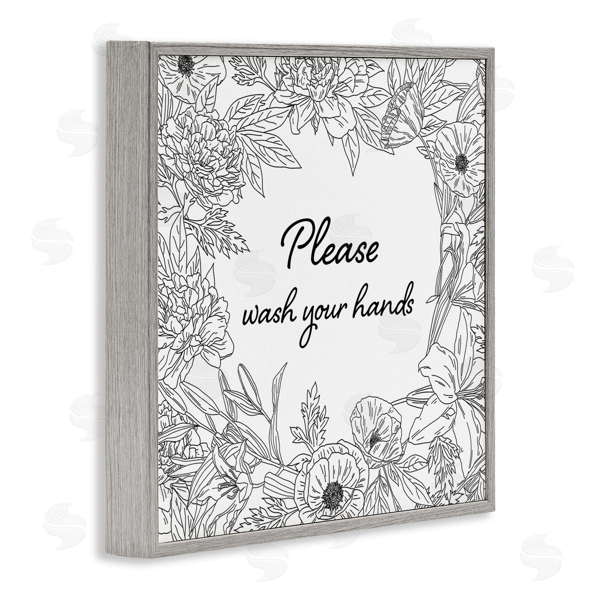 Ziwei Li Wash Your Hands Bathroom Sign Spring Floral Border Gray Framed Glicee Wall Art Print