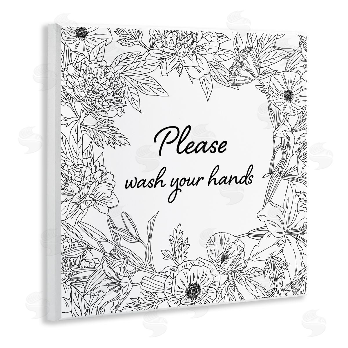 Ziwei Li Wash Your Hands Bathroom Sign Spring Floral Border Wooden Wall Plaque Art Print