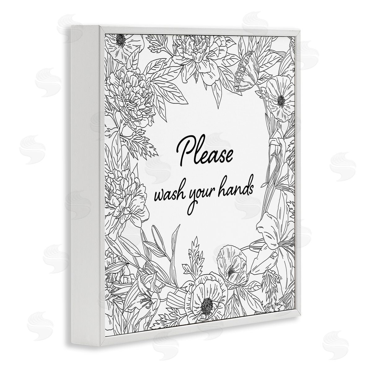 Ziwei Li Wash Your Hands Bathroom Sign Spring Floral Border White Framed Glicee Wall Art Print