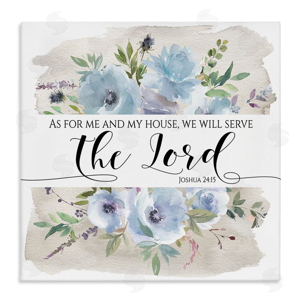 Tara Moss Will Serve the Lord Joshua 24:15 Blue Florals Stretched Canvas Wall Art Print