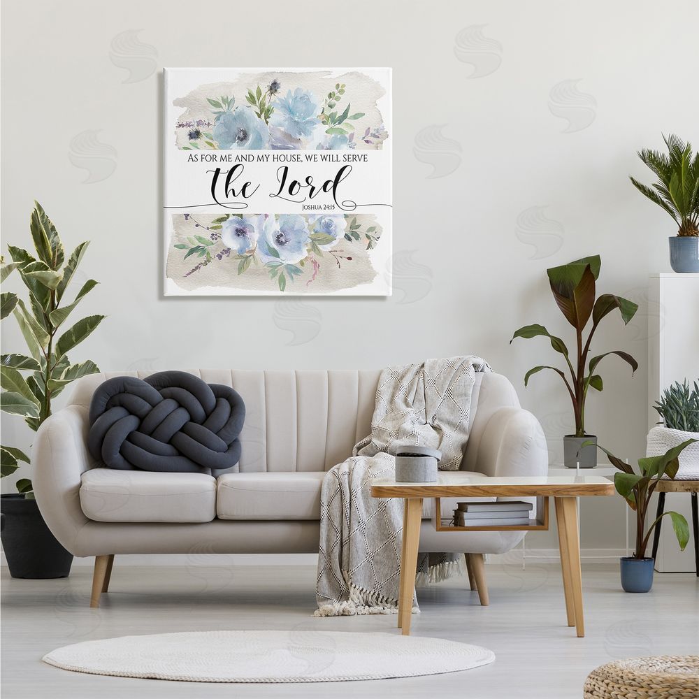 Tara Moss Will Serve the Lord Joshua 24:15 Blue Florals Canvas Wall Art in Room