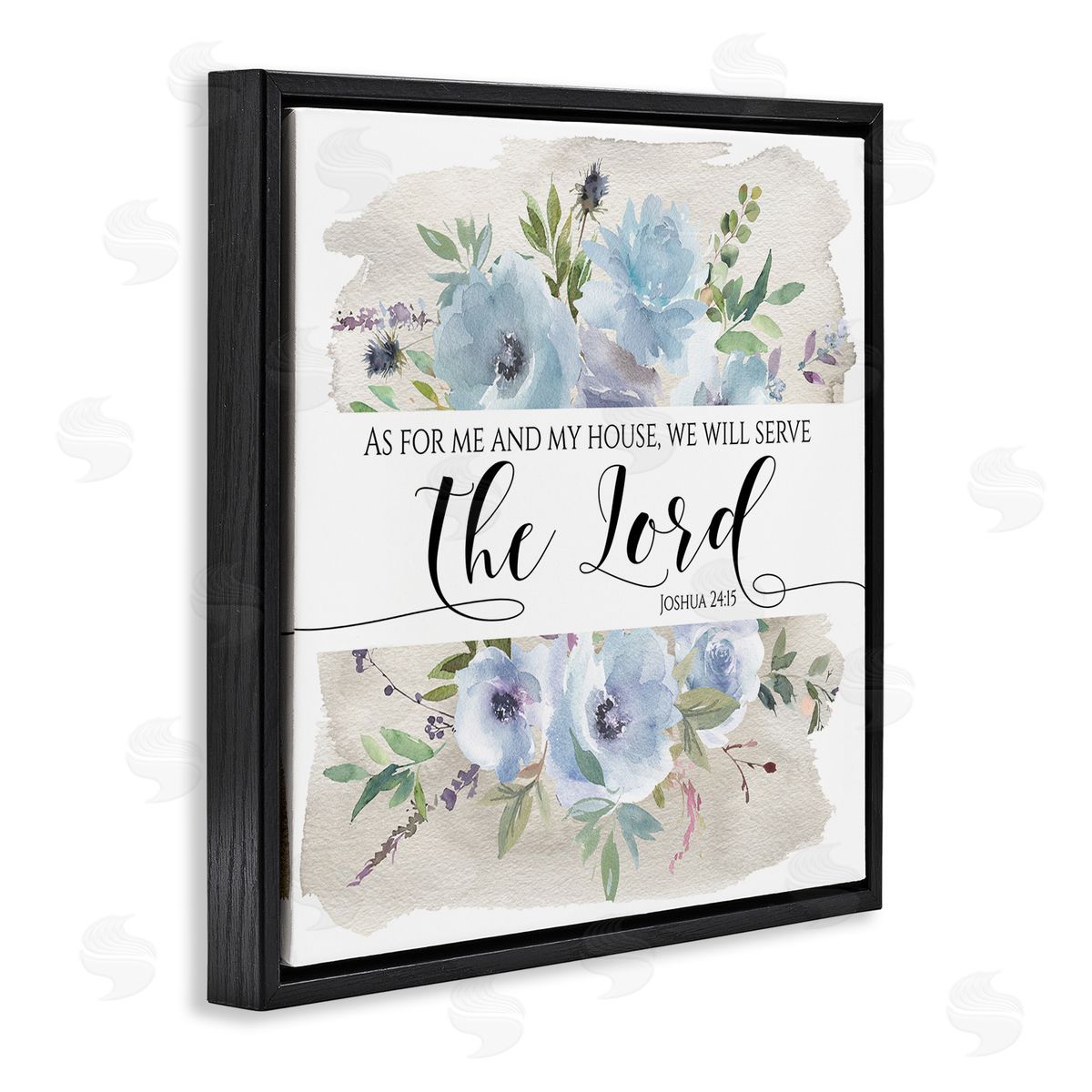 Tara Moss Will Serve the Lord Joshua 24:15 Blue Florals Black Floating Frame Canvas Wall Art Print