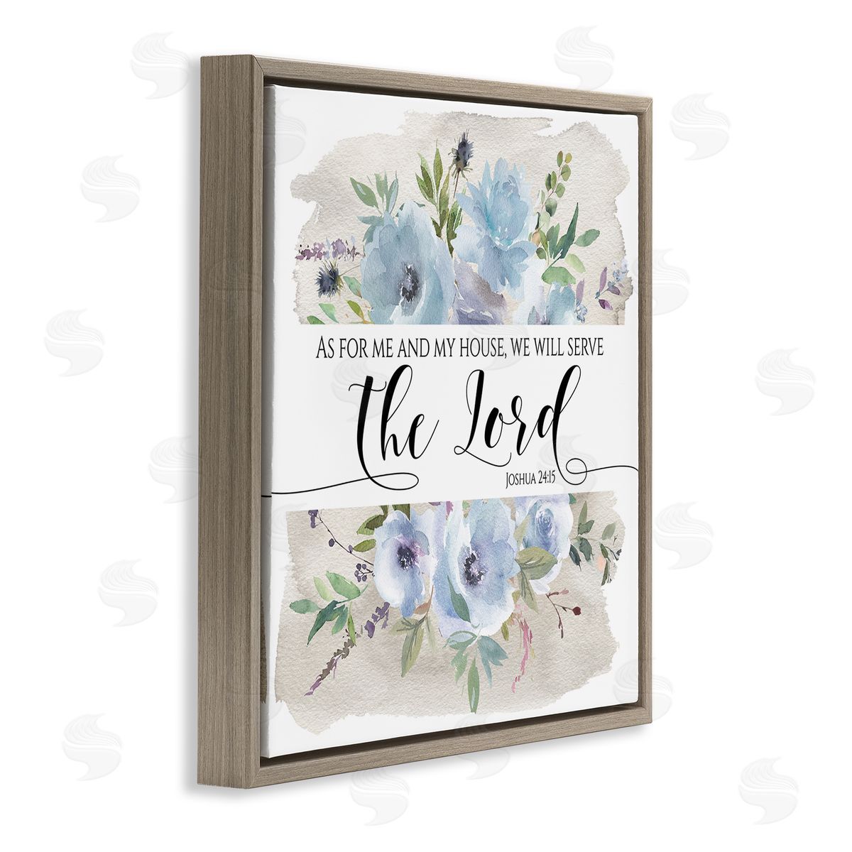 Tara Moss Will Serve the Lord Joshua 24:15 Blue Florals Brown Floating Frame Canvas Wall Art Print