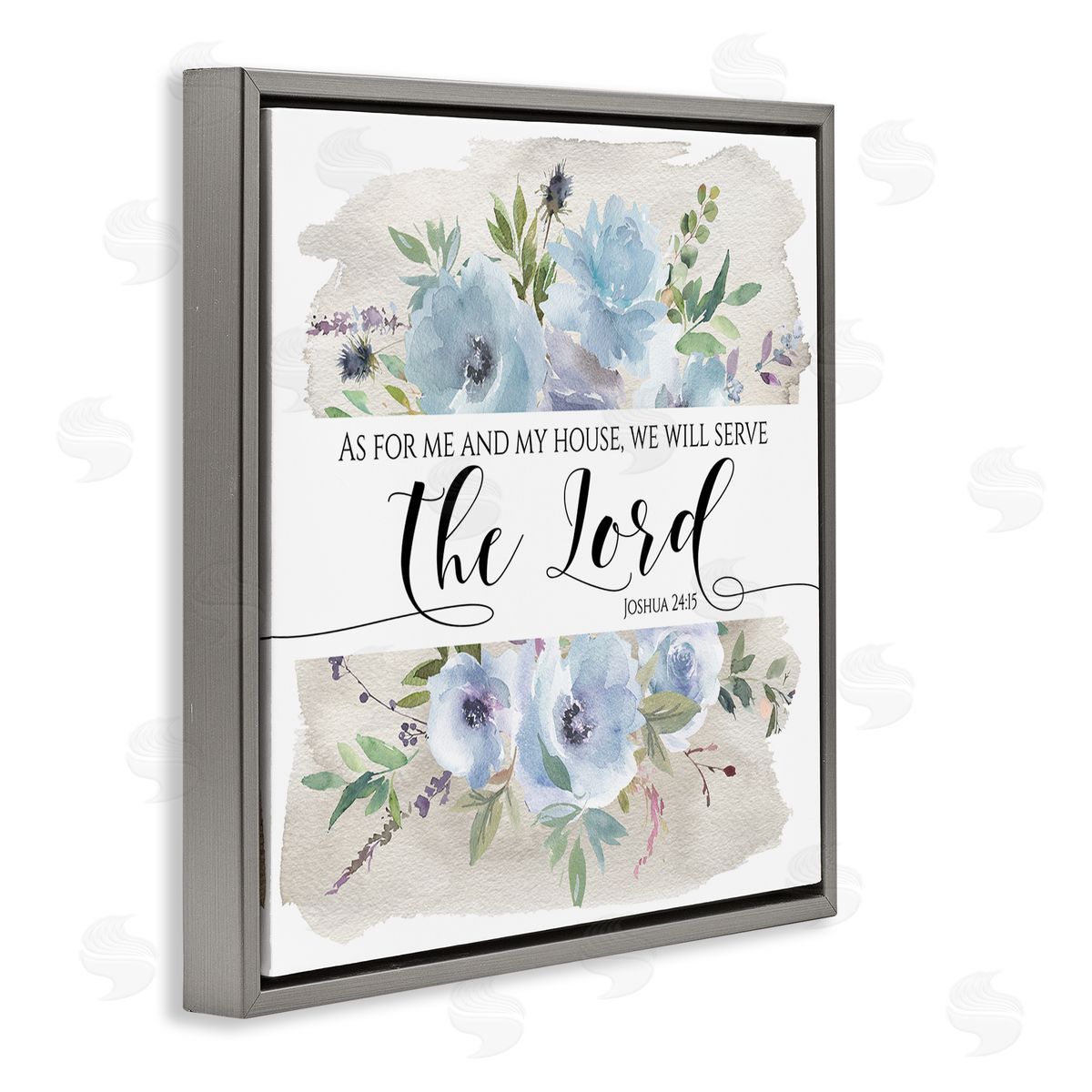 Tara Moss Will Serve the Lord Joshua 24:15 Blue Florals Gray Floating Frame Canvas Wall Art Print