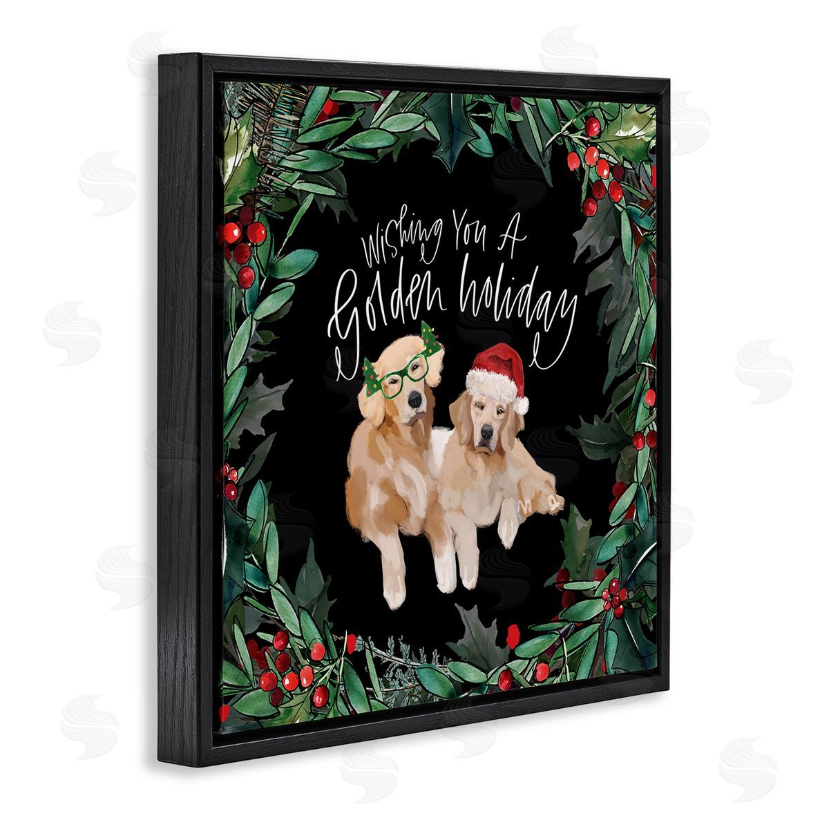 Valerie Wieners Wishing You a Golden Holiday Phrase Pet Dogs Black Floating Frame Canvas Wall Art Print