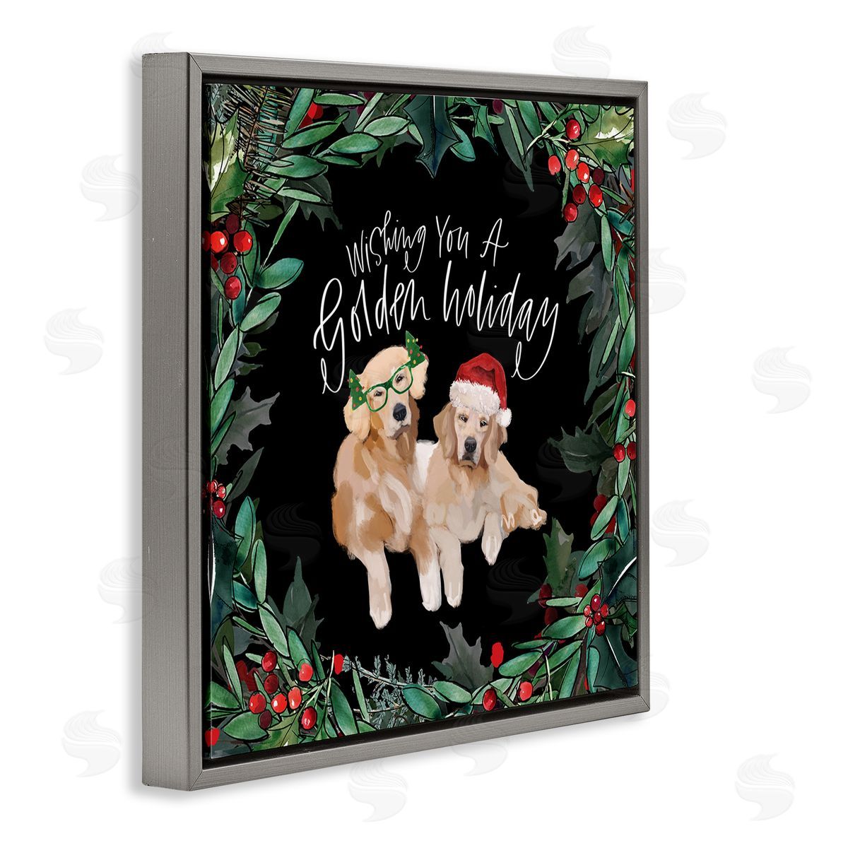 Valerie Wieners Wishing You a Golden Holiday Phrase Pet Dogs Gray Floating Frame Canvas Wall Art Print