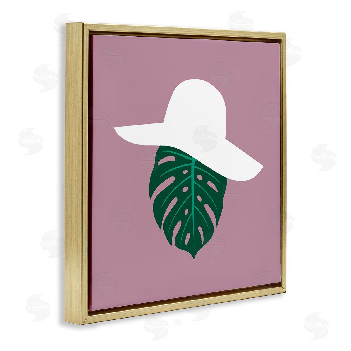 Bellassai Art Tropical Look Fashion Monstera Leaf Floppy Hat Gold Floating Frame Canvas Wall Art Print