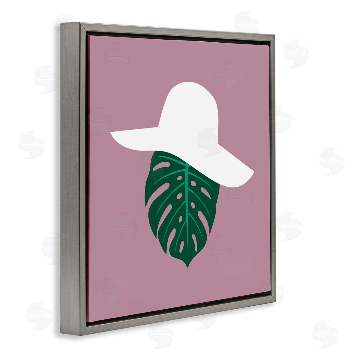 Bellassai Art Tropical Look Fashion Monstera Leaf Floppy Hat Gray Floating Frame Canvas Wall Art Print