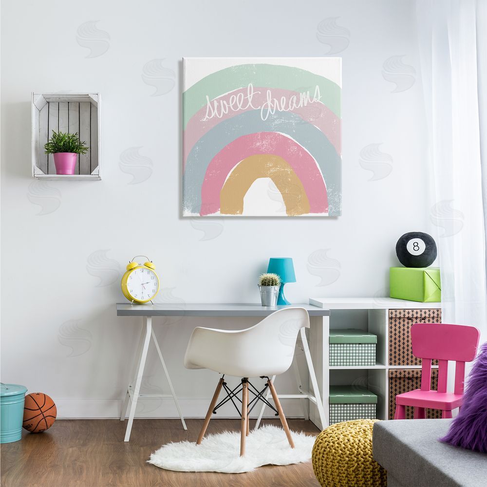 Emily Navas Sweet Dreams Phrase Cool Tone Pastel Rainbow Canvas Wall Art in Room