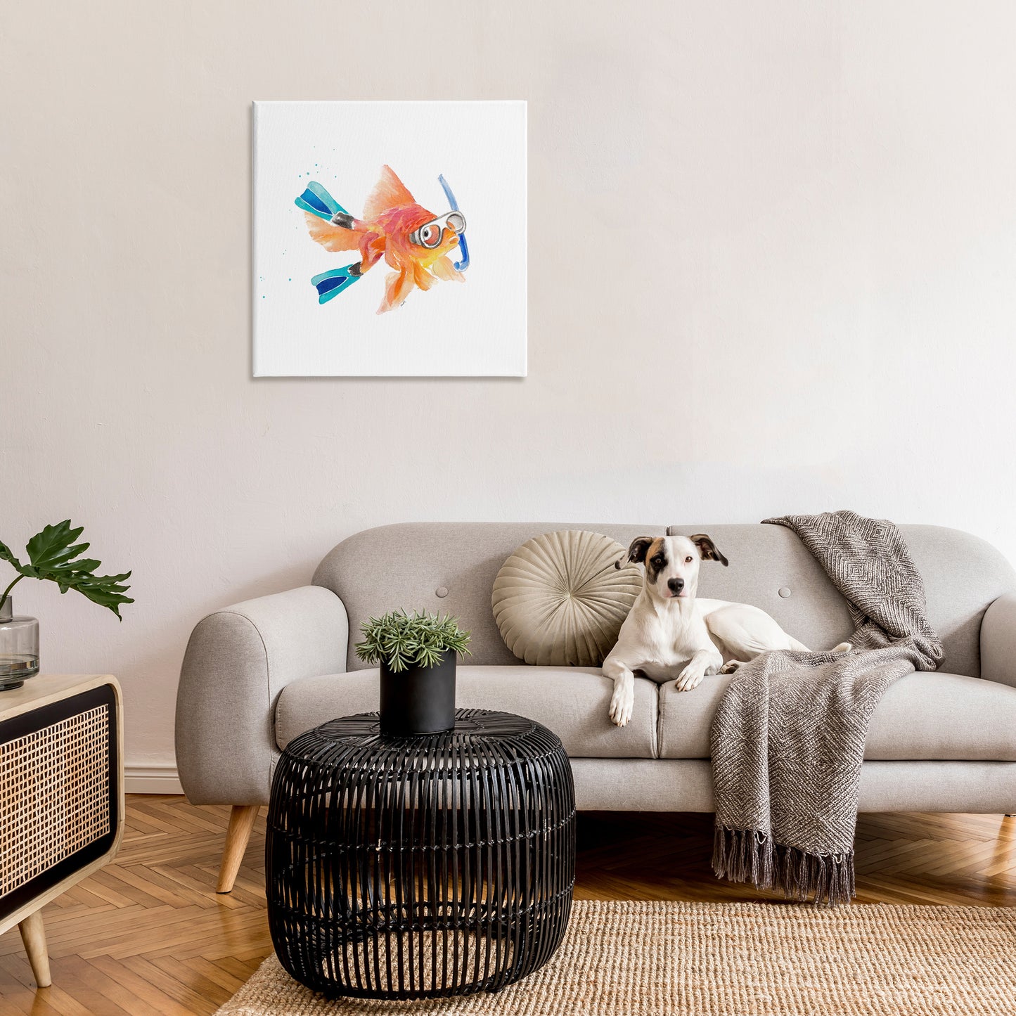 Goldfish Pet Snorkel Gear Canvas Wall Art in Room, Home Decor by Lanie Loreth