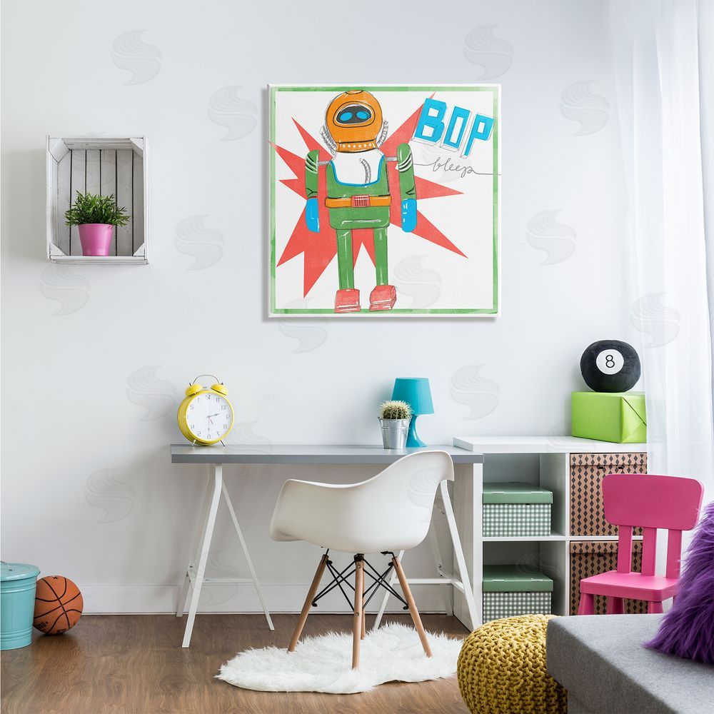 Jennifer Paxton Parker Vintage Robot Toy Bop Bleep Text Retro Pop Canvas Wall Art in Room