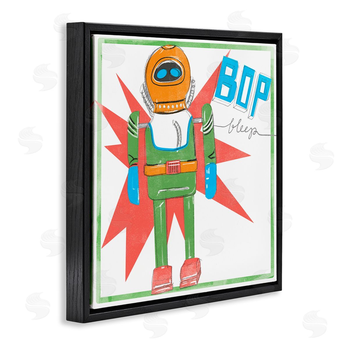 Jennifer Paxton Parker Vintage Robot Toy Bop Bleep Text Retro Pop Black Floating Frame Canvas Wall Art Print