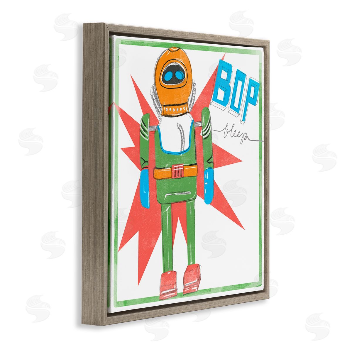 Jennifer Paxton Parker Vintage Robot Toy Bop Bleep Text Retro Pop Brown Floating Frame Canvas Wall Art Print