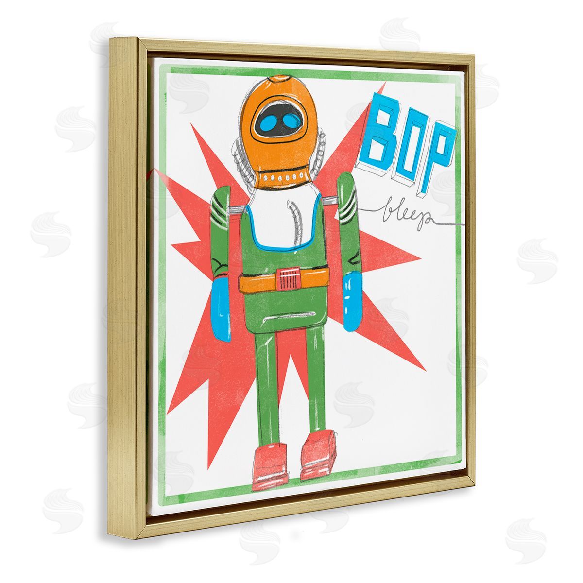 Jennifer Paxton Parker Vintage Robot Toy Bop Bleep Text Retro Pop Gold Floating Frame Canvas Wall Art Print