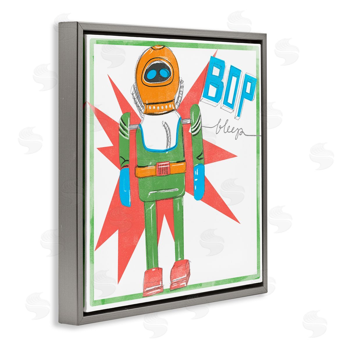 Jennifer Paxton Parker Vintage Robot Toy Bop Bleep Text Retro Pop Gray Floating Frame Canvas Wall Art Print