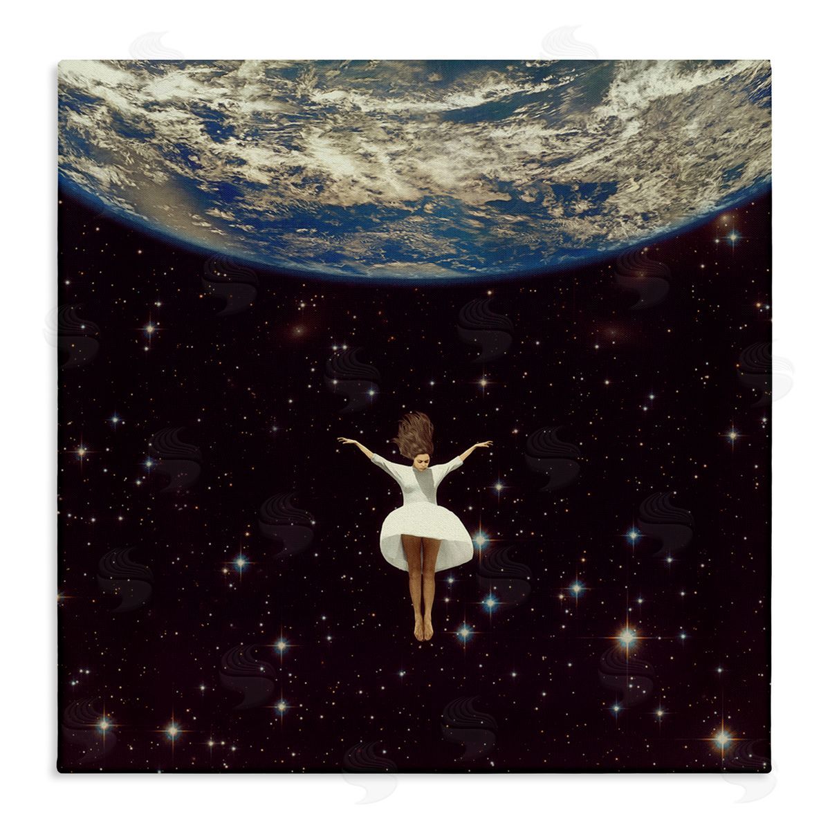 Paula Belle Flores Woman Falling Through Space White Dress Earth Stretched Canvas Wall Art Print