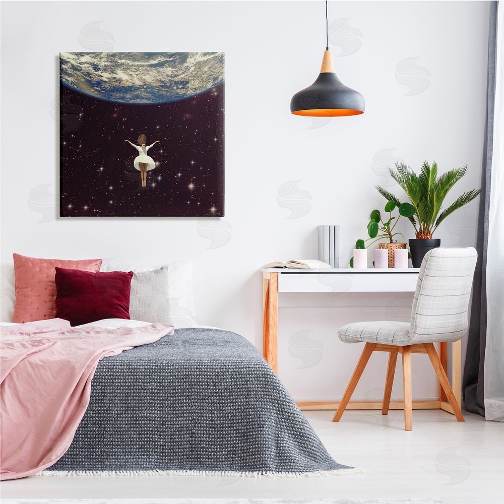 Paula Belle Flores Woman Falling Through Space White Dress Earth Canvas Wall Art in Room