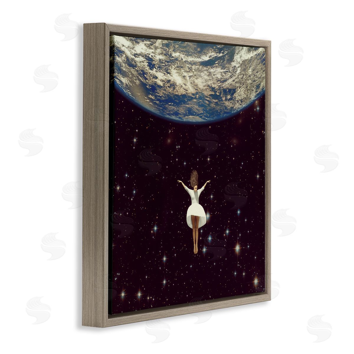 Paula Belle Flores Woman Falling Through Space White Dress Earth Brown Floating Frame Canvas Wall Art Print