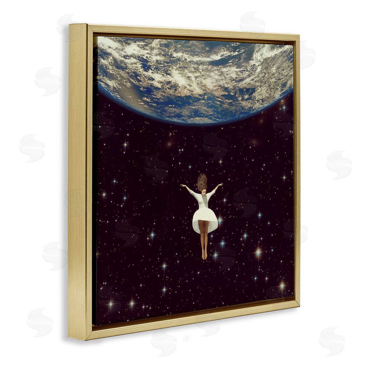 Paula Belle Flores Woman Falling Through Space White Dress Earth Gold Floating Frame Canvas Wall Art Print
