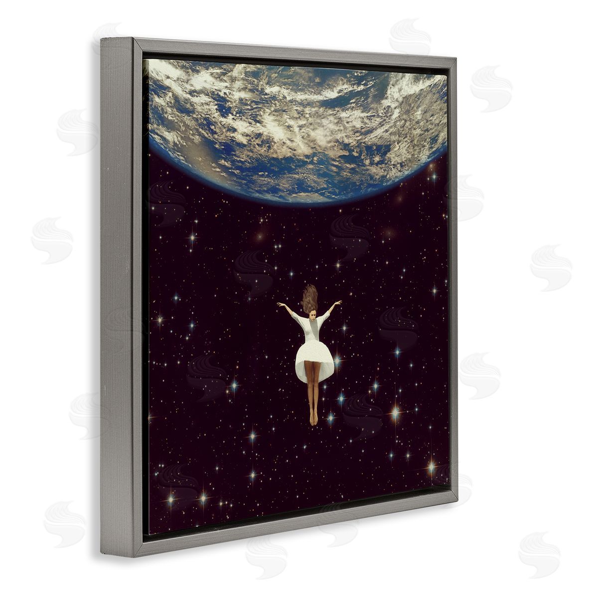 Paula Belle Flores Woman Falling Through Space White Dress Earth Gray Floating Frame Canvas Wall Art Print