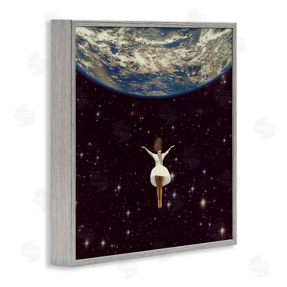 Paula Belle Flores Woman Falling Through Space White Dress Earth Gray Framed Glicee Wall Art Print