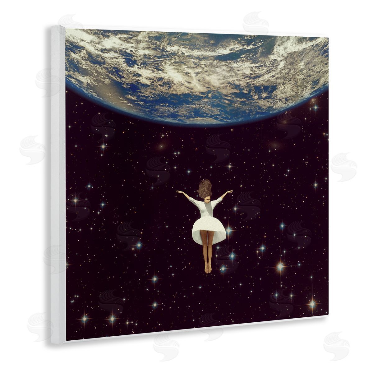 Paula Belle Flores Woman Falling Through Space White Dress Earth Wooden Wall Plaque Art Print