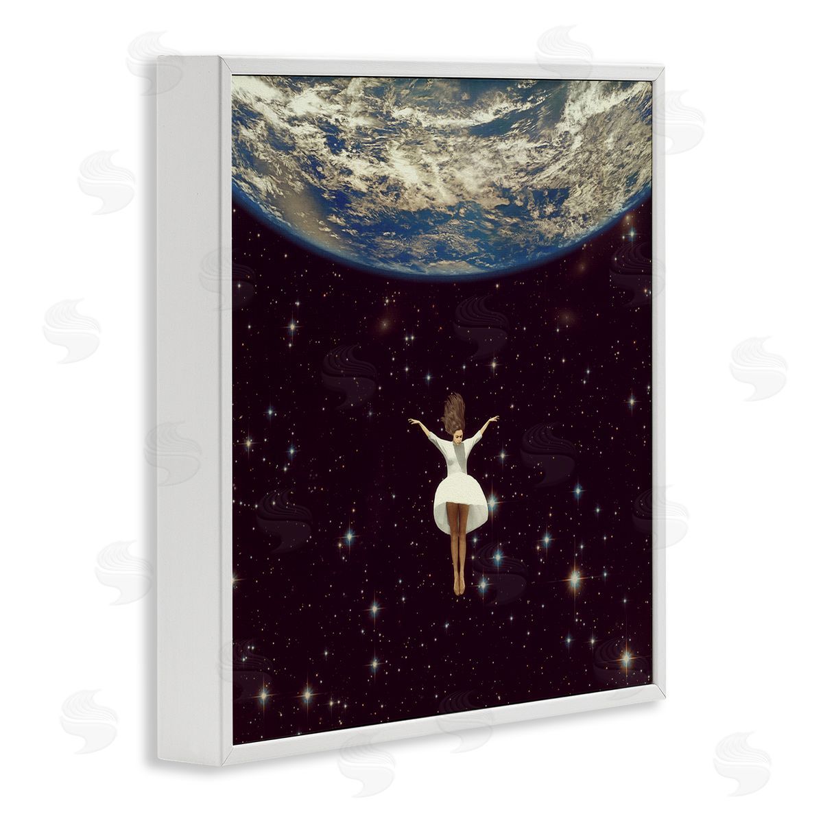 Paula Belle Flores Woman Falling Through Space White Dress Earth White Framed Glicee Wall Art Print