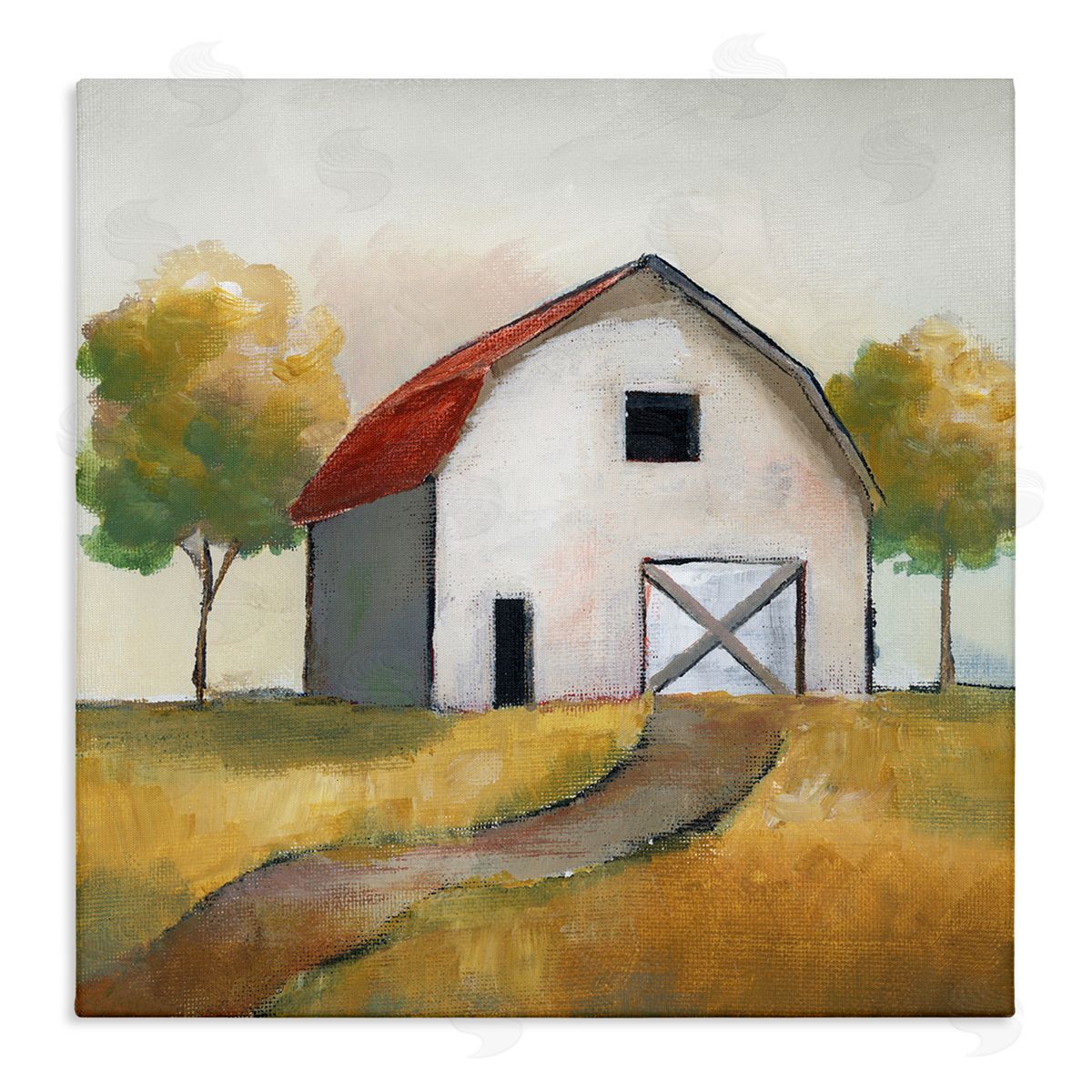 Nan White Barn Building Between Orchard Trees Autumn Landscape Stretched Canvas Wall Art Print