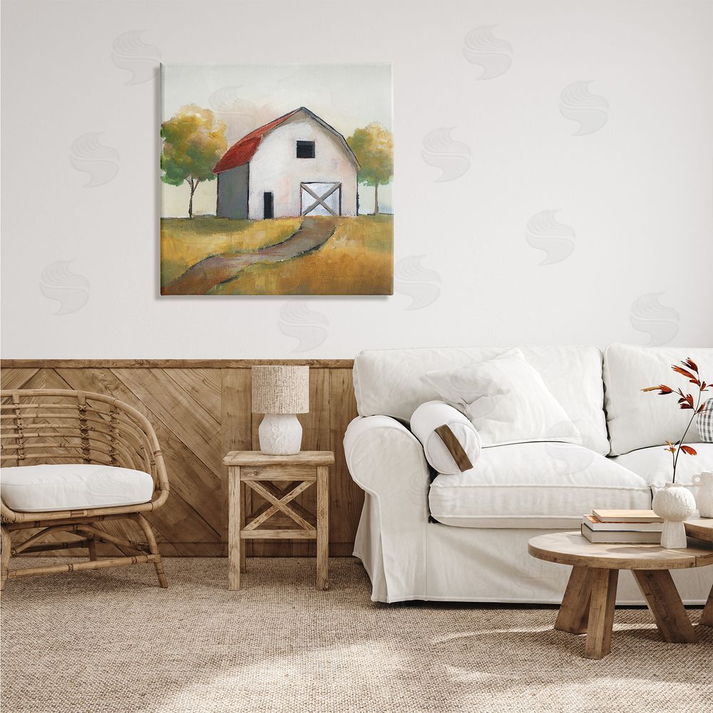 Nan White Barn Building Between Orchard Trees Autumn Landscape Canvas Wall Art in Room