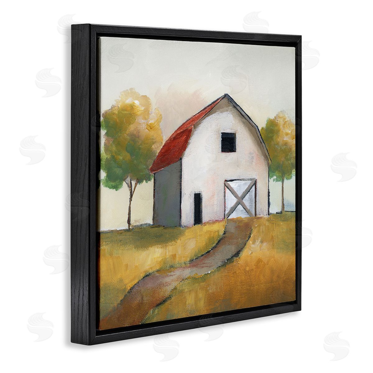 Nan White Barn Building Between Orchard Trees Autumn Landscape Black Floating Frame Canvas Wall Art Print