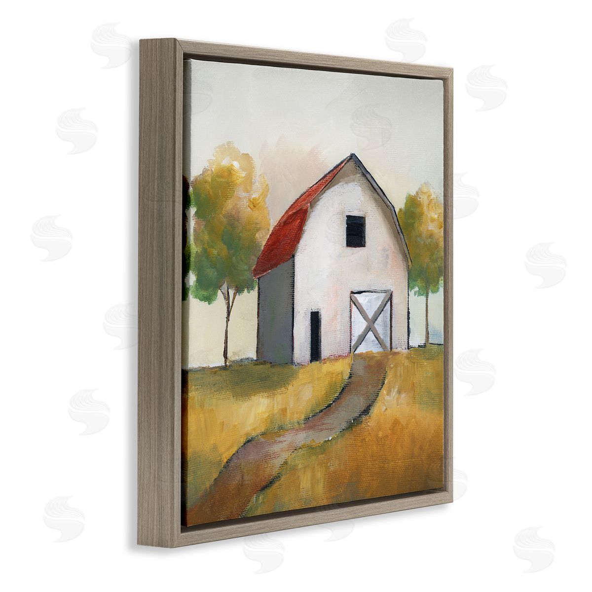 Nan White Barn Building Between Orchard Trees Autumn Landscape Brown Floating Frame Canvas Wall Art Print