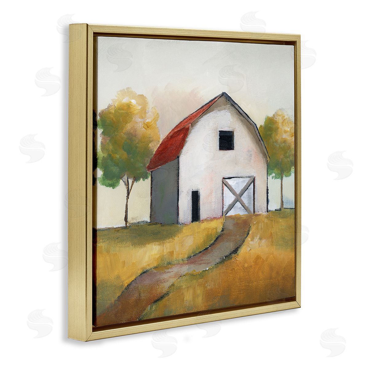 Nan White Barn Building Between Orchard Trees Autumn Landscape Gold Floating Frame Canvas Wall Art Print