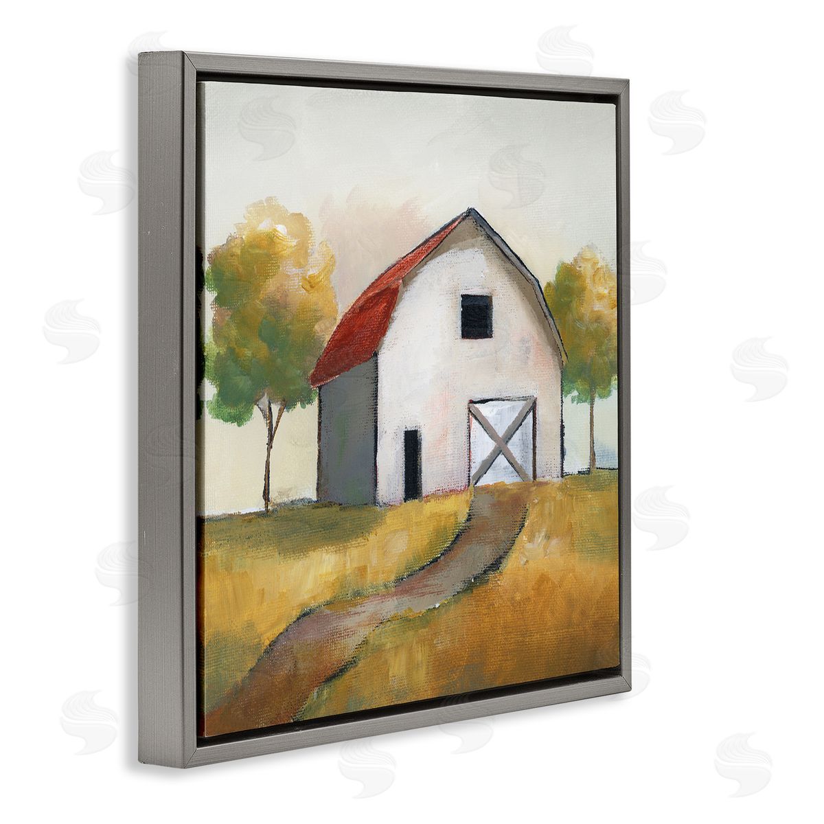 Nan White Barn Building Between Orchard Trees Autumn Landscape Gray Floating Frame Canvas Wall Art Print