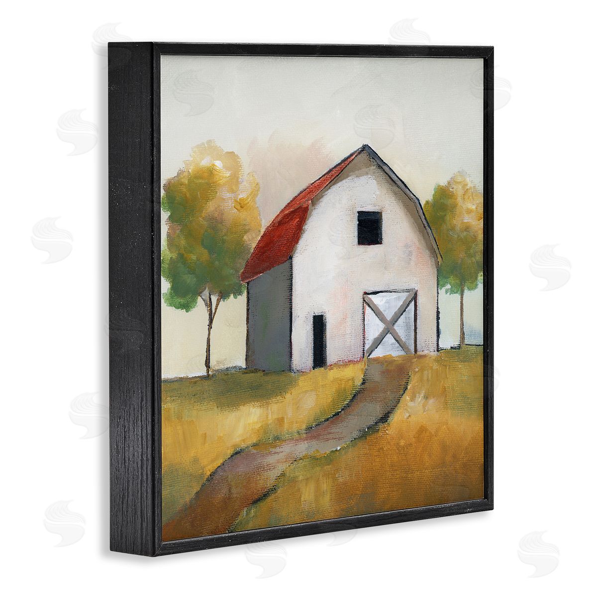 Nan White Barn Building Between Orchard Trees Autumn Landscape Black Framed Glicee Wall Art Print