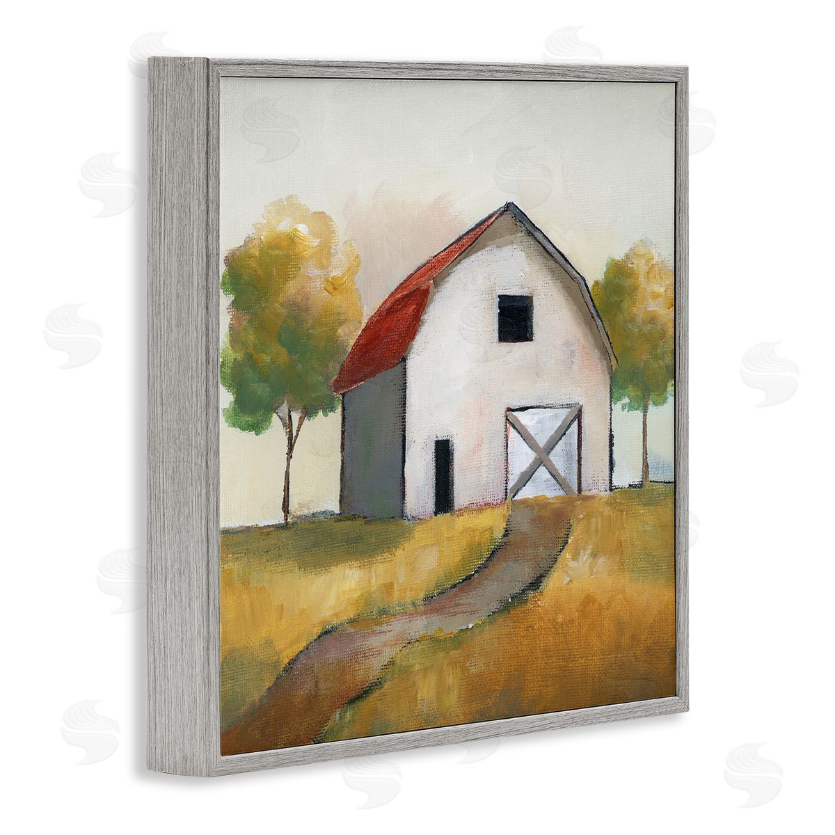 Nan White Barn Building Between Orchard Trees Autumn Landscape Gray Framed Glicee Wall Art Print