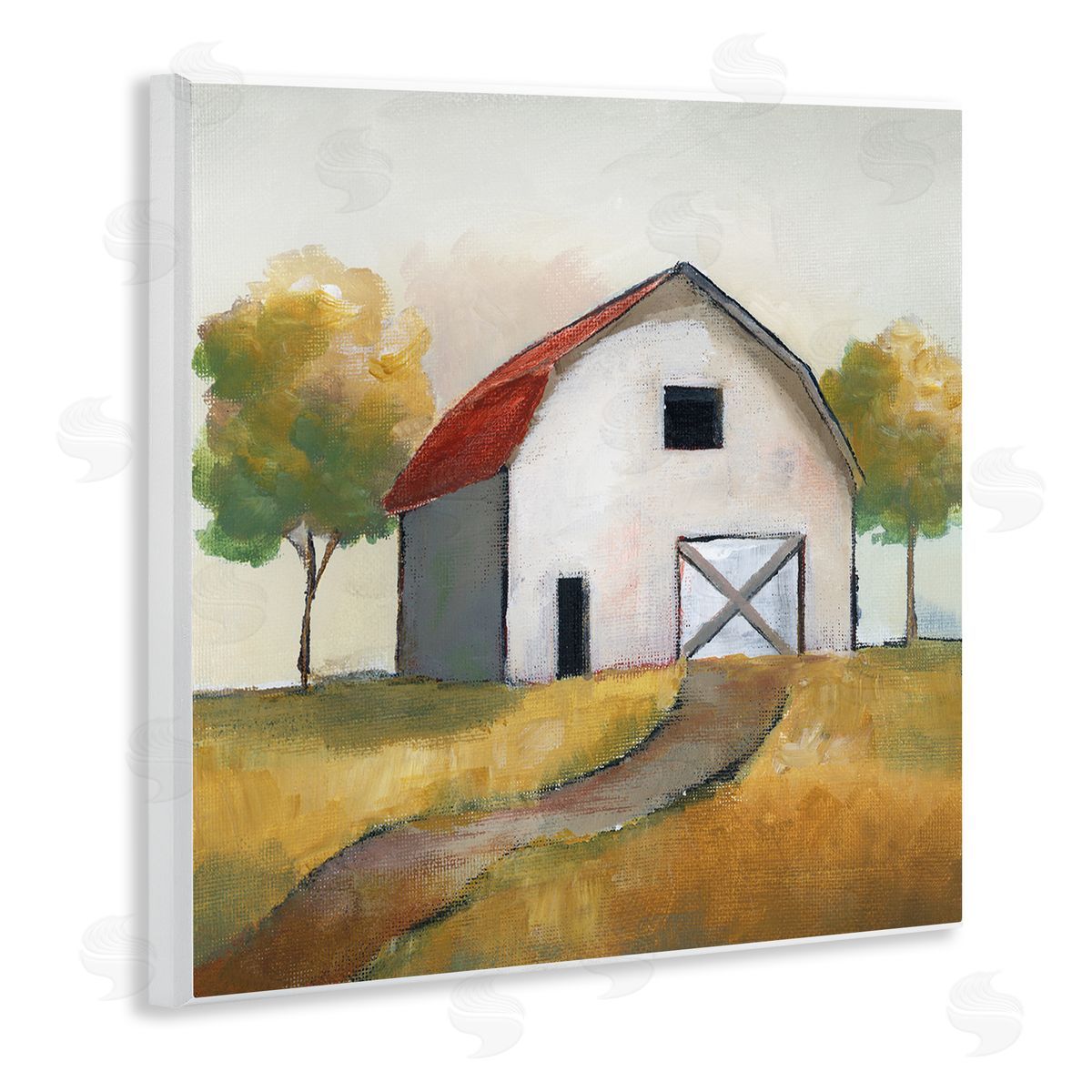 Nan White Barn Building Between Orchard Trees Autumn Landscape Wooden Wall Plaque Art Print