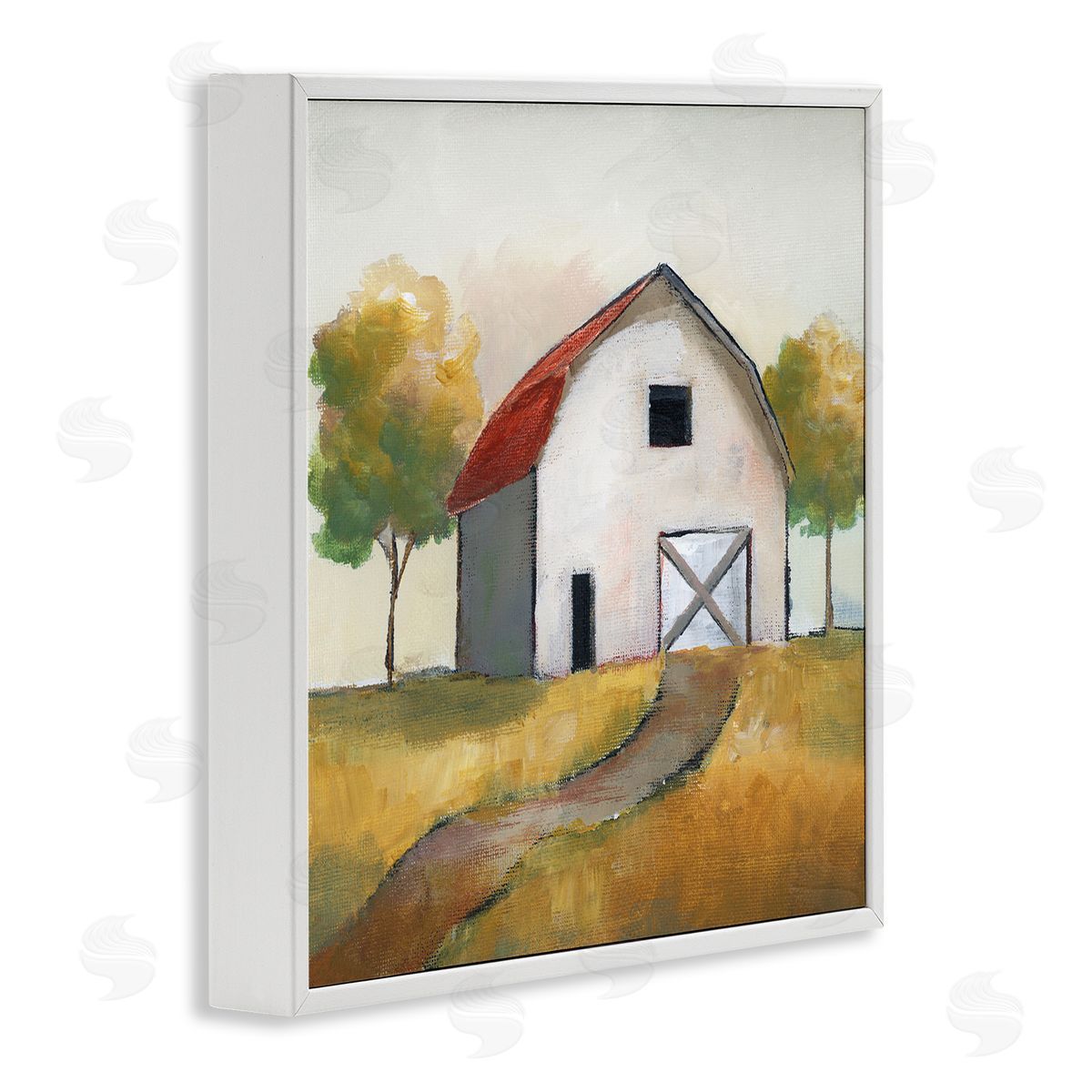Nan White Barn Building Between Orchard Trees Autumn Landscape White Framed Glicee Wall Art Print
