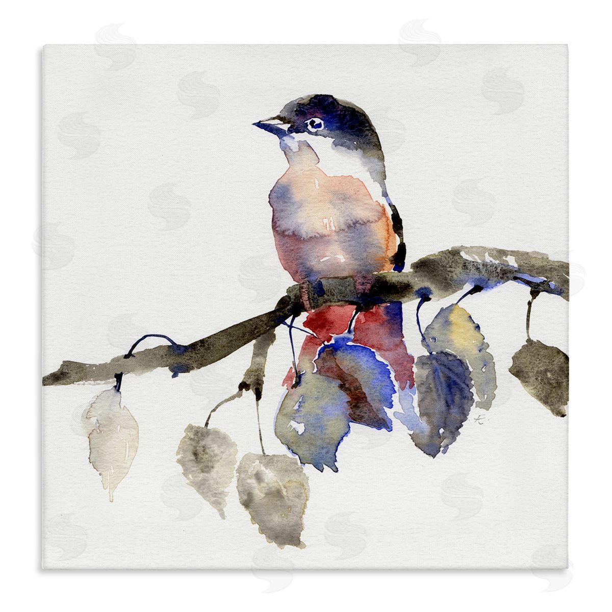 Verbrugge Watercolor Song Bird Perched on Blue Autumn Leaf Branch Stretched Canvas Wall Art Print
