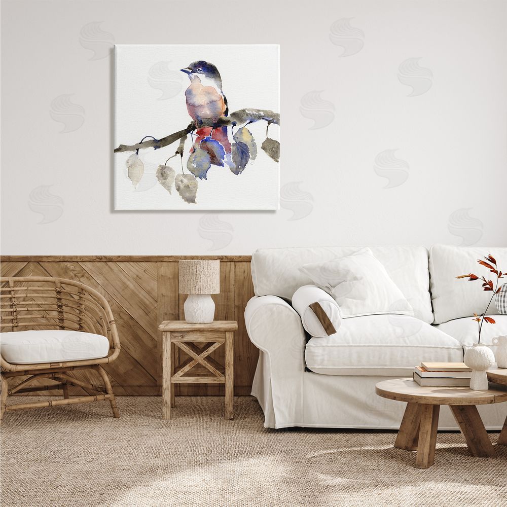 Verbrugge Watercolor Song Bird Perched on Blue Autumn Leaf Branch Canvas Wall Art in Room
