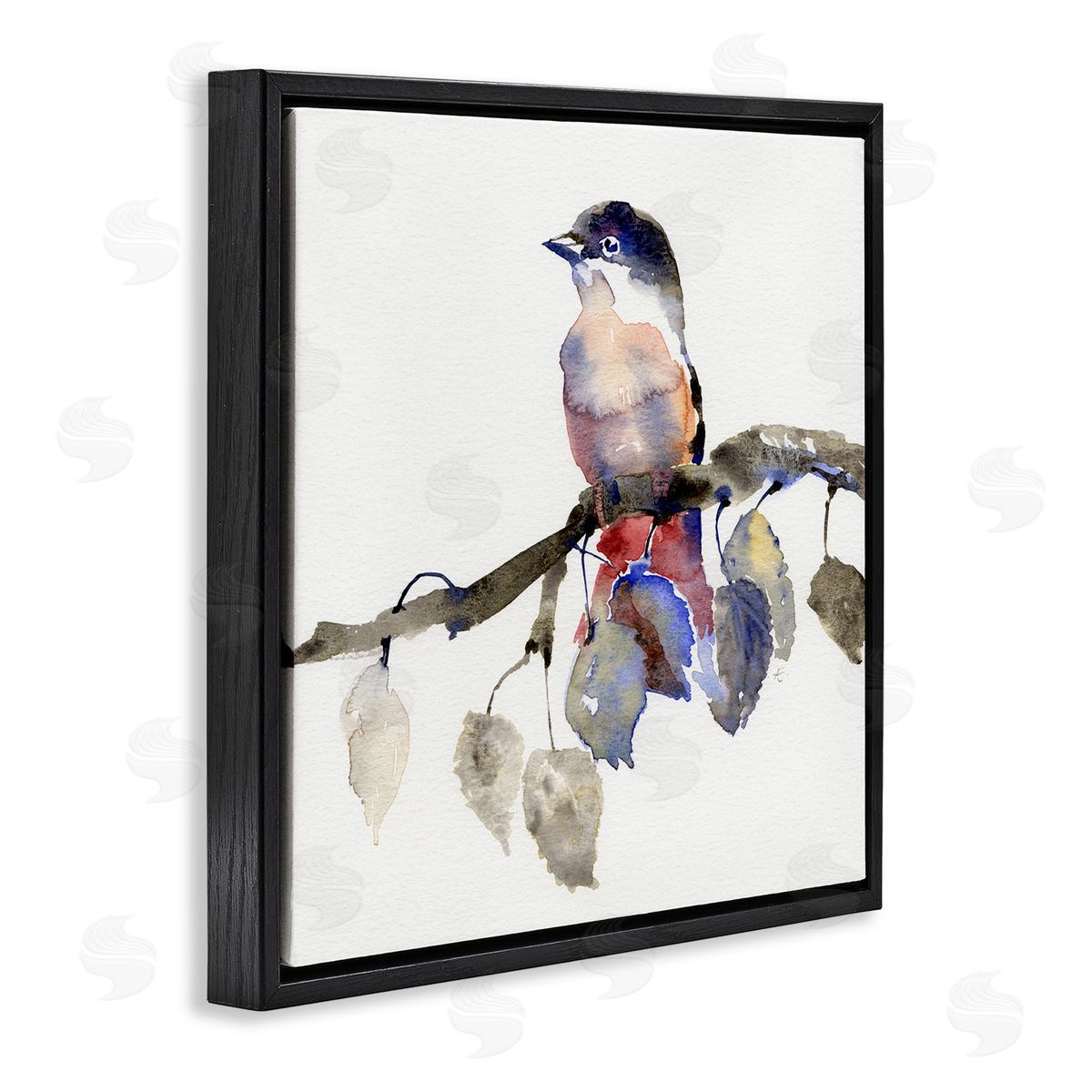 Verbrugge Watercolor Song Bird Perched on Blue Autumn Leaf Branch Black Floating Frame Canvas Wall Art Print