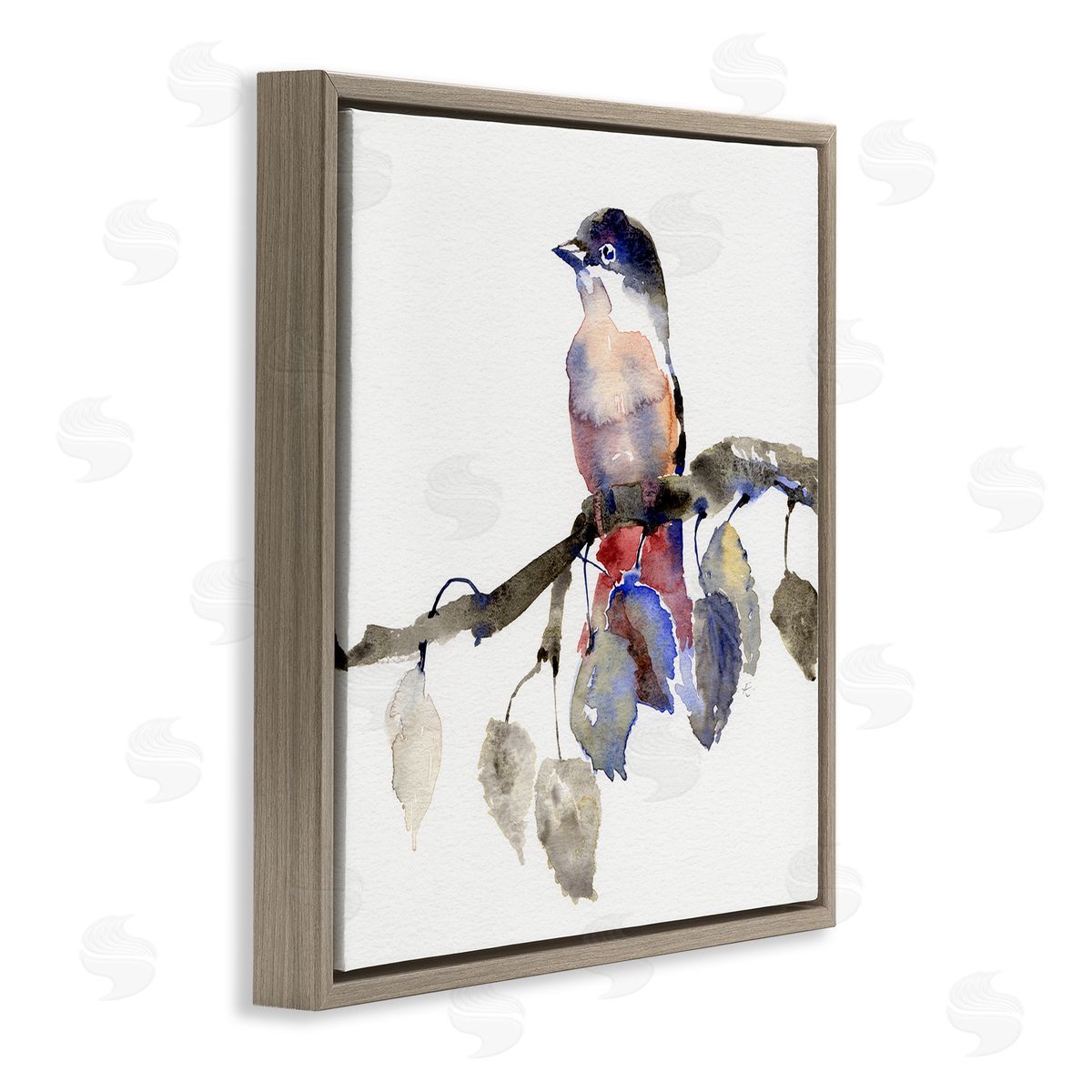 Verbrugge Watercolor Song Bird Perched on Blue Autumn Leaf Branch Brown Floating Frame Canvas Wall Art Print