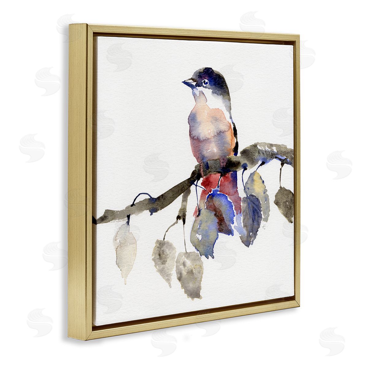 Verbrugge Watercolor Song Bird Perched on Blue Autumn Leaf Branch Gold Floating Frame Canvas Wall Art Print