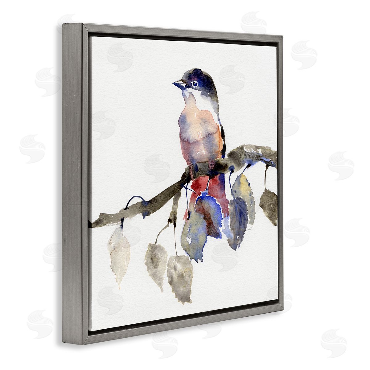 Verbrugge Watercolor Song Bird Perched on Blue Autumn Leaf Branch Gray Floating Frame Canvas Wall Art Print