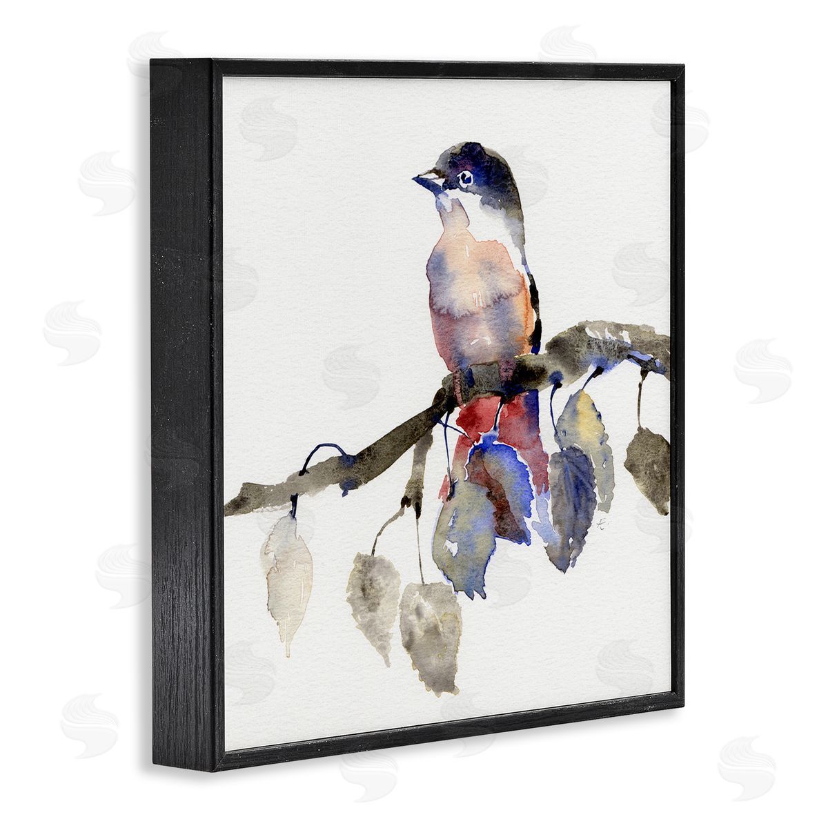Verbrugge Watercolor Song Bird Perched on Blue Autumn Leaf Branch Black Framed Glicee Wall Art Print