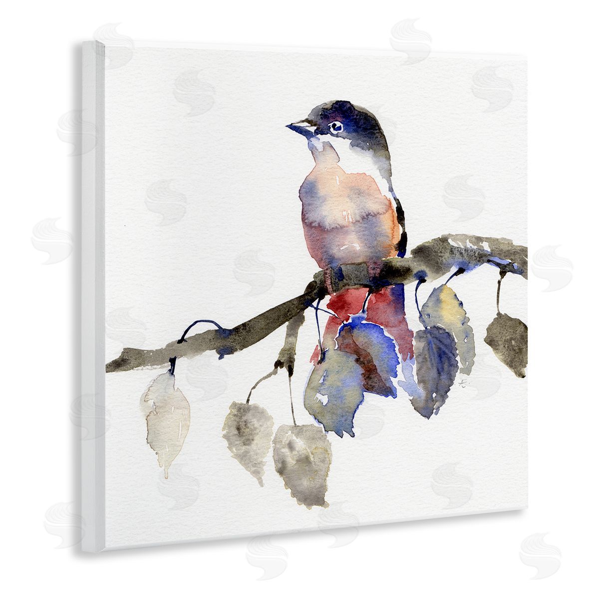 Verbrugge Watercolor Song Bird Perched on Blue Autumn Leaf Branch Wooden Wall Plaque Art Print